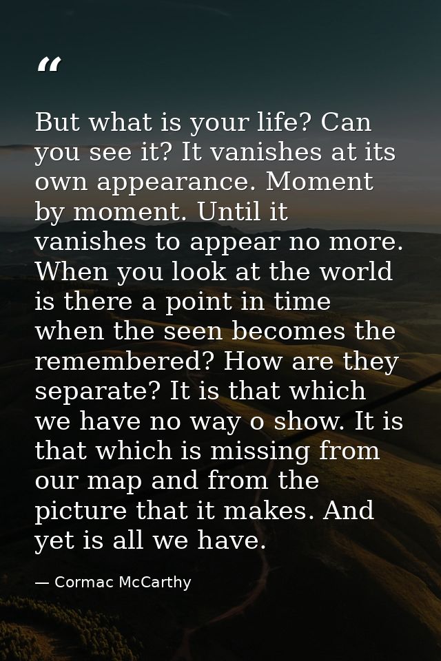 But what is your life? Can you see it? It vanishes at its own appearance. Moment by moment. Until it vanishes to appear  — Cormac McCarthy