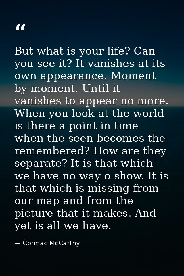 But what is your life? Can you see it? It vanishes at its own appearance. Moment by moment. Until it vanishes to appear  — Cormac McCarthy