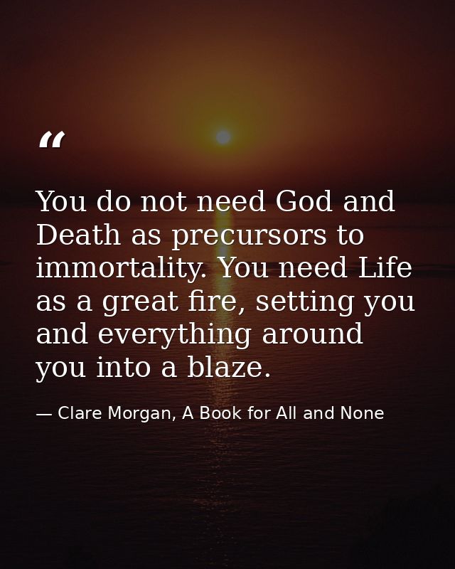 You do not need God and Death as precursors to immortality. You need Life as a great fire, setting you and everything ar — Clare Morgan, A Book for All and None