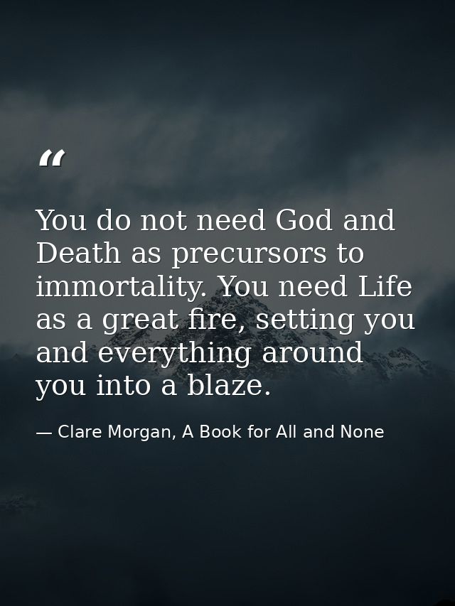 You do not need God and Death as precursors to immortality. You need Life as a great fire, setting you and everything ar — Clare Morgan, A Book for All and None