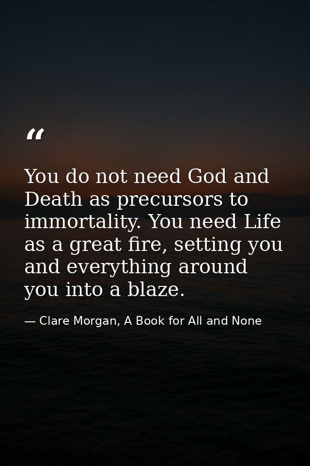 You do not need God and Death as precursors to immortality. You need Life as a great fire, setting you and everything ar — Clare Morgan, A Book for All and None