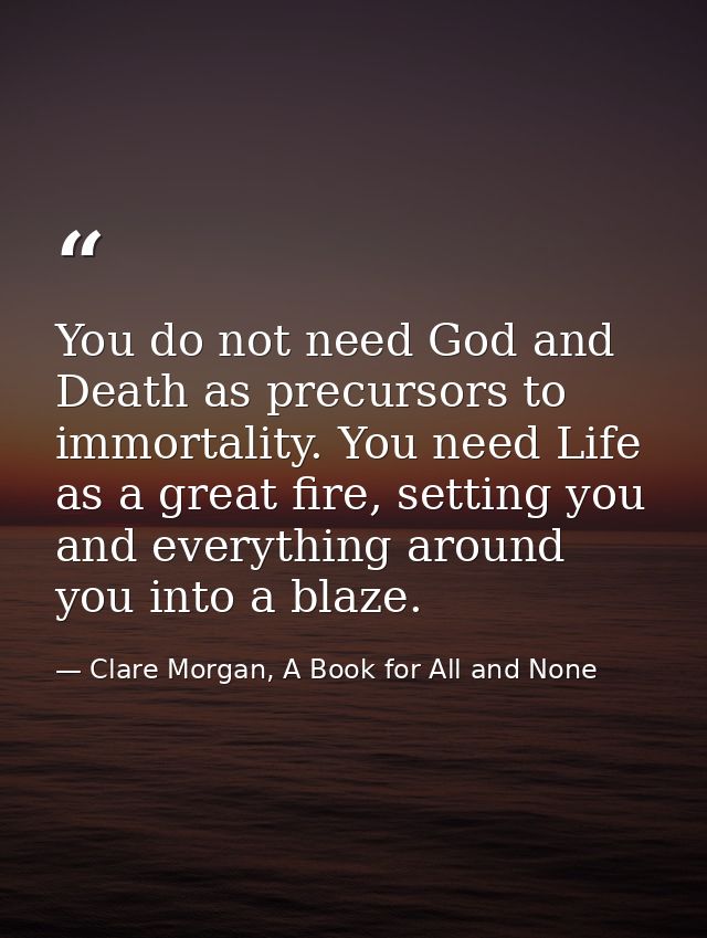 You do not need God and Death as precursors to immortality. You need Life as a great fire, setting you and everything ar — Clare Morgan, A Book for All and None