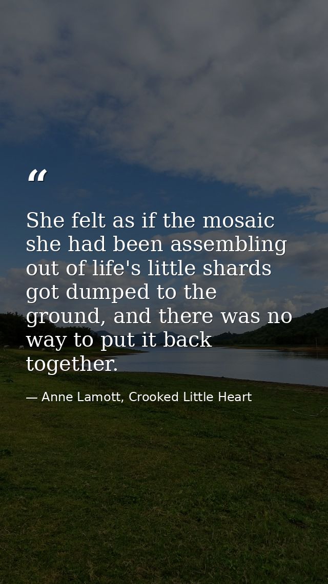 She felt as if the mosaic she had been assembling out of life's little shards got dumped to the ground, and there was no — Anne Lamott, Crooked Little Heart