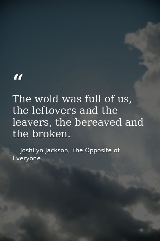 The wold was full of us, the leftovers and the leavers, the bereaved and the broken. — Joshilyn Jackson, The Opposite of Everyone