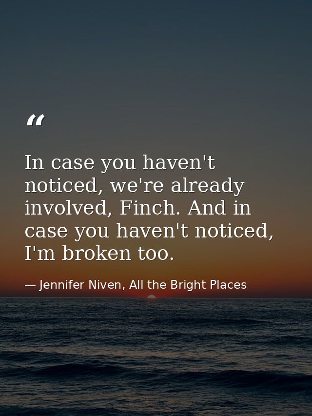 In case you haven't noticed, we're already involved, Finch. And in case you haven't noticed, I'm broken too. — Jennifer Niven, All the Bright Places