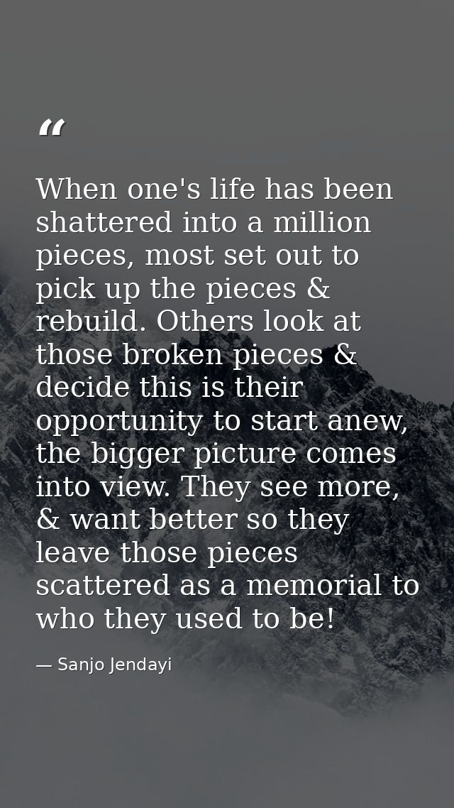 When one's life has been shattered into a million pieces, most set out to pick up the pieces & rebuild. Others look at t — Sanjo Jendayi
