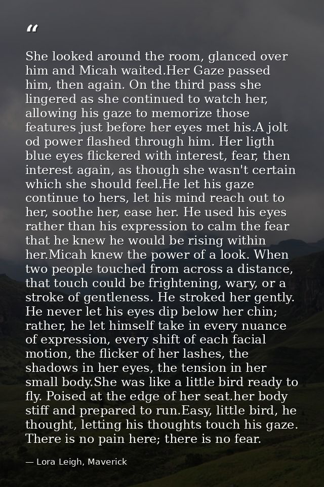 She looked around the room, glanced over him and Micah waited.Her Gaze passed him, then again. On the third pass she lin — Lora Leigh, Maverick