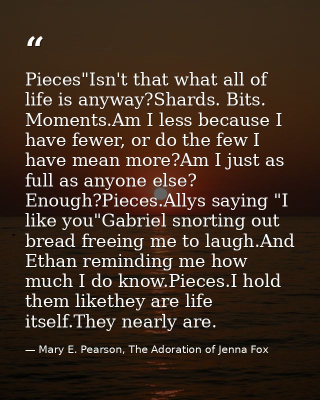 Pieces"Isn't that what all of life is anyway?Shards. Bits. Moments.Am I less because I have fewer, or do the few I have  — Mary E. Pearson, The Adoration of Jenna Fox