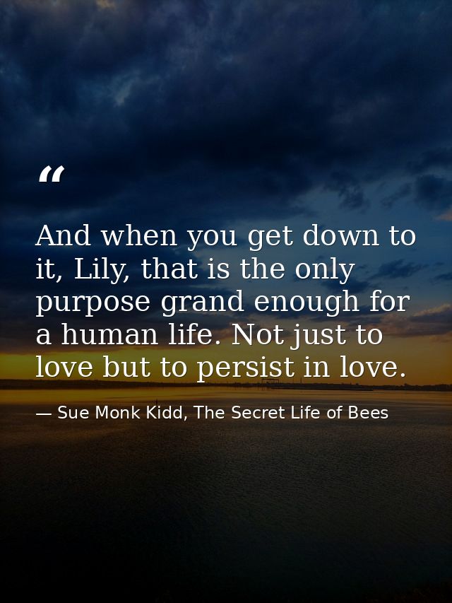 And when you get down to it, Lily, that is the only purpose grand enough for a human life. Not just to love but to persi — Sue Monk Kidd, The Secret Life of Bees