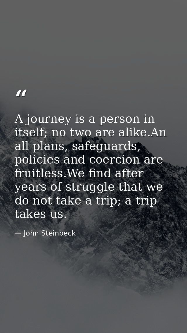 A journey is a person in itself; no two are alike.An all plans, safeguards, policies and coercion are fruitless.We find  — John Steinbeck