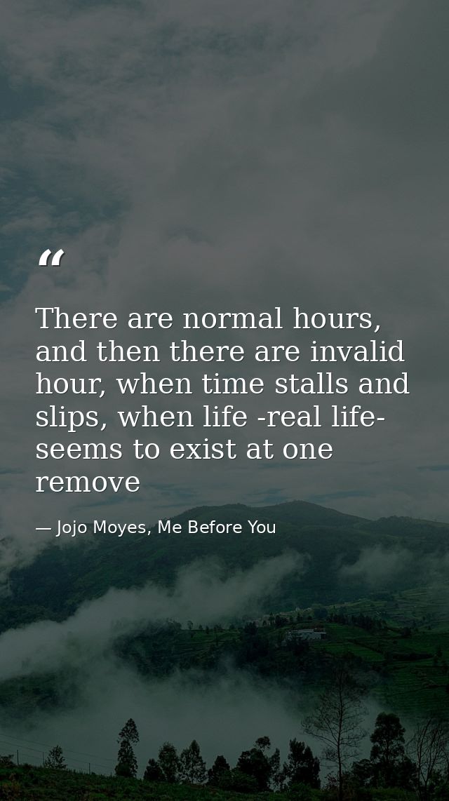 There are normal hours, and then there are invalid hour, when time stalls and slips, when life -real life- seems to exis — Jojo Moyes, Me Before You