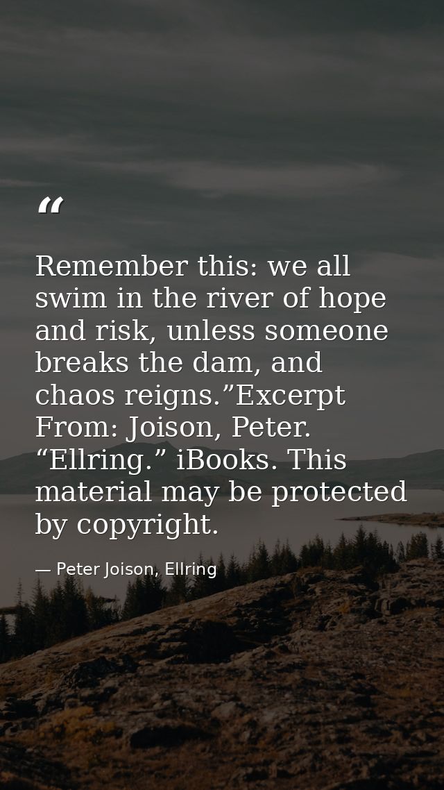 Remember this: we all swim in the river of hope and risk, unless someone breaks the dam, and chaos reigns.”Excerpt From: — Peter Joison, Ellring