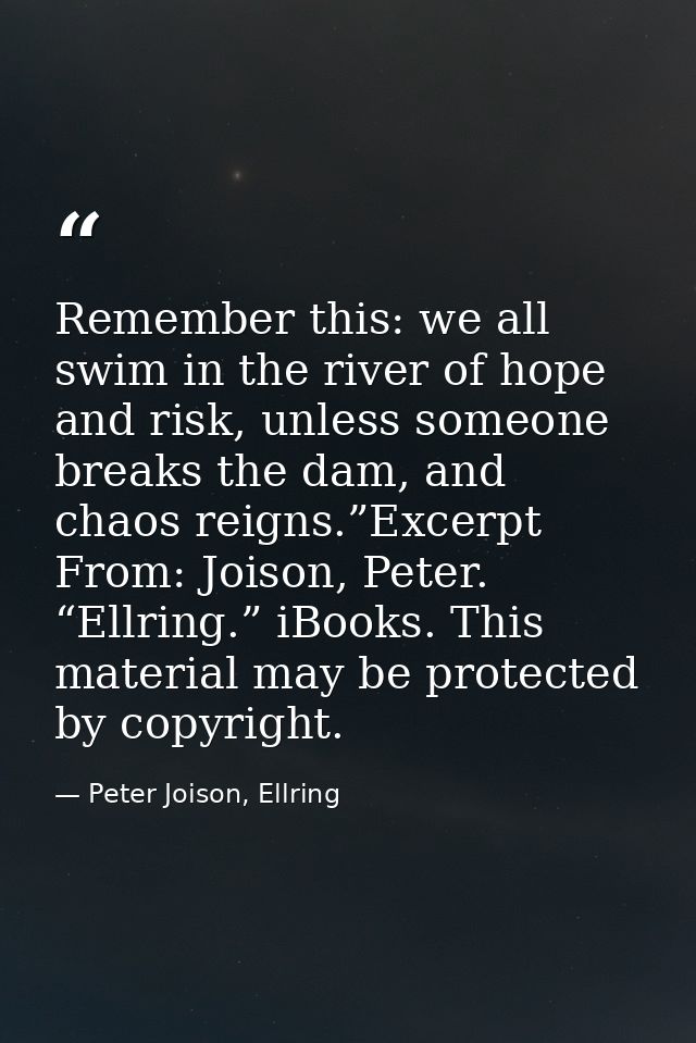 Remember this: we all swim in the river of hope and risk, unless someone breaks the dam, and chaos reigns.”Excerpt From: — Peter Joison, Ellring