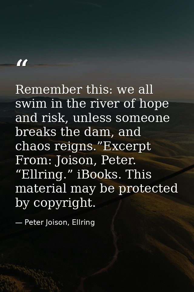 Remember this: we all swim in the river of hope and risk, unless someone breaks the dam, and chaos reigns.”Excerpt From: — Peter Joison, Ellring