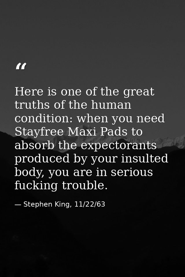 Here is one of the great truths of the human condition: when you need Stayfree Maxi Pads to absorb the expectorants prod — Stephen King, 11/22/63