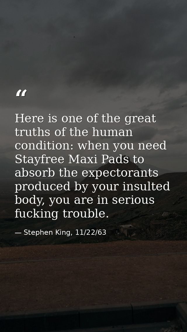 Here is one of the great truths of the human condition: when you need Stayfree Maxi Pads to absorb the expectorants prod — Stephen King, 11/22/63