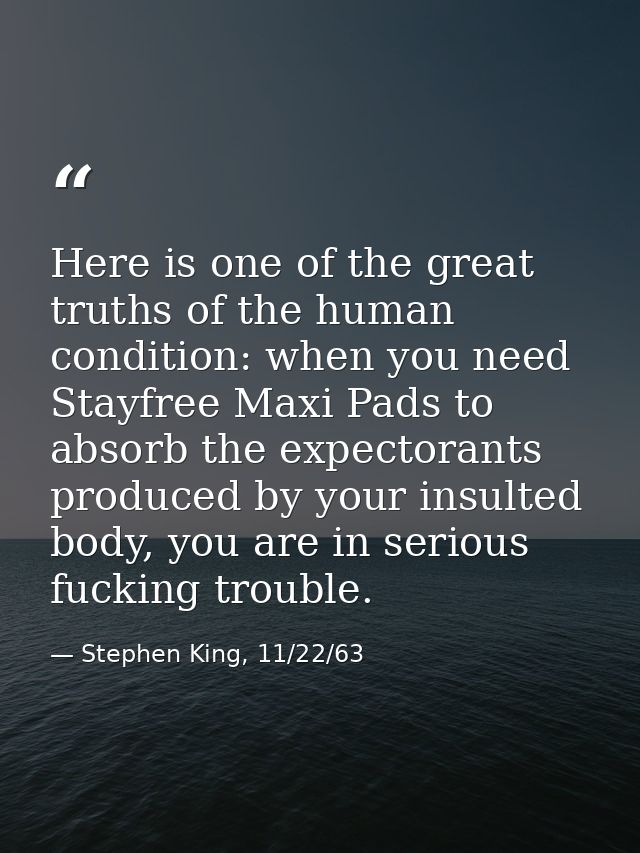 Here is one of the great truths of the human condition: when you need Stayfree Maxi Pads to absorb the expectorants prod — Stephen King, 11/22/63