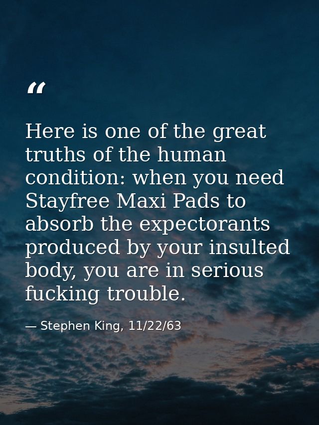 Here is one of the great truths of the human condition: when you need Stayfree Maxi Pads to absorb the expectorants prod — Stephen King, 11/22/63