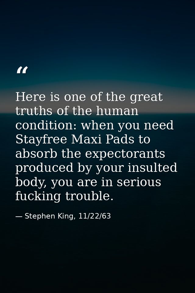 Here is one of the great truths of the human condition: when you need Stayfree Maxi Pads to absorb the expectorants prod — Stephen King, 11/22/63