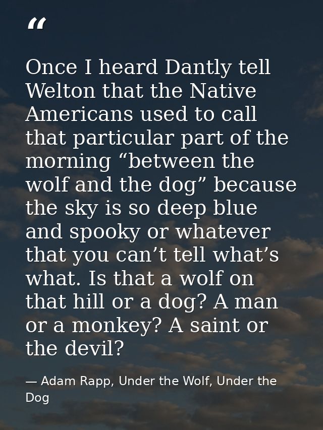 Once I heard Dantly tell Welton that the Native Americans used to call that particular part of the morning “between the  — Adam Rapp, Under the Wolf, Under the Dog