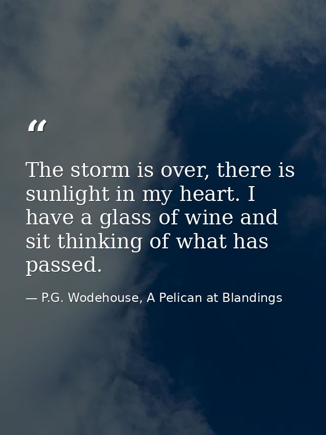 The storm is over, there is sunlight in my heart. I have a glass of wine and sit thinking of what has passed. — P.G. Wodehouse, A Pelican at Blandings