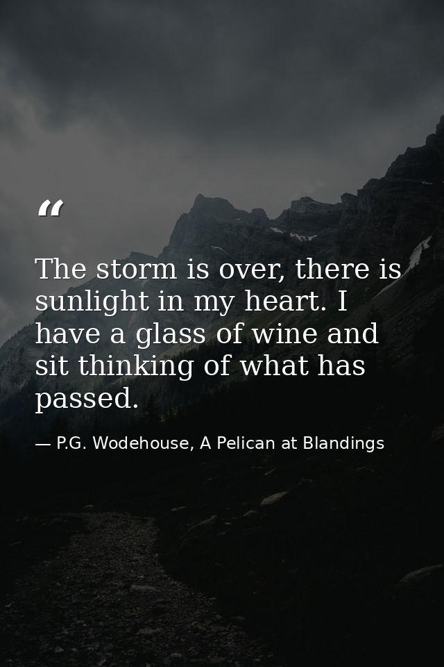 The storm is over, there is sunlight in my heart. I have a glass of wine and sit thinking of what has passed. — P.G. Wodehouse, A Pelican at Blandings