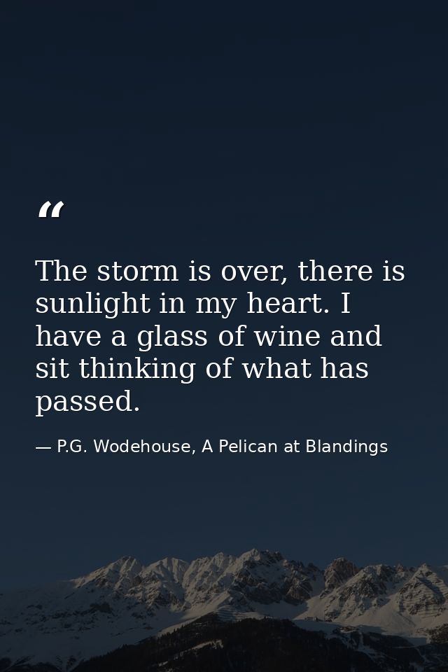 The storm is over, there is sunlight in my heart. I have a glass of wine and sit thinking of what has passed. — P.G. Wodehouse, A Pelican at Blandings