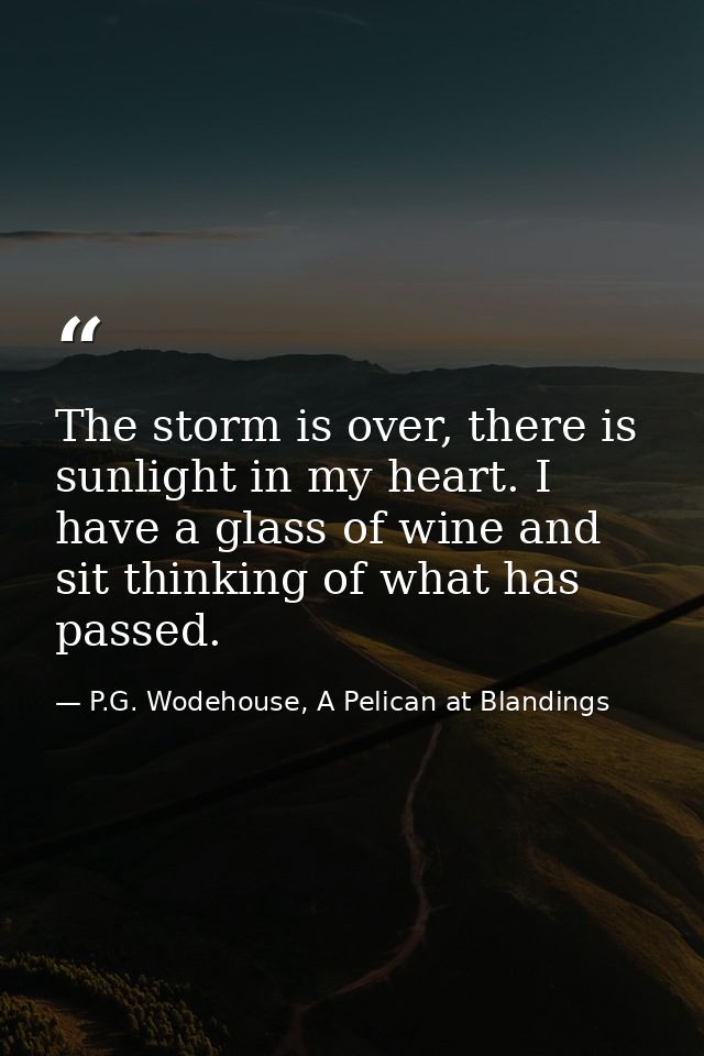 The storm is over, there is sunlight in my heart. I have a glass of wine and sit thinking of what has passed. — P.G. Wodehouse, A Pelican at Blandings
