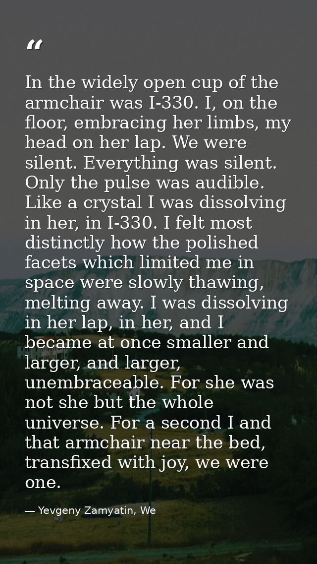 In the widely open cup of the armchair was I-330. I, on the floor, embracing her limbs, my head on her lap. We were sile — Yevgeny Zamyatin, We
