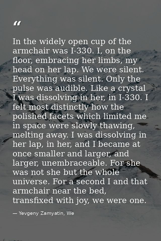 In the widely open cup of the armchair was I-330. I, on the floor, embracing her limbs, my head on her lap. We were sile — Yevgeny Zamyatin, We