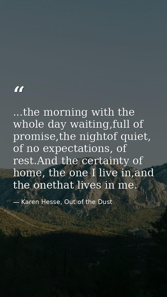 ...the morning with the whole day waiting,full of promise,the nightof quiet, of no expectations, of rest.And the certain — Karen Hesse, Out of the Dust