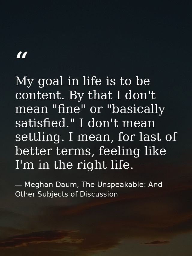 My goal in life is to be content. By that I don't mean "fine" or "basically satisfied." I don't mean settling. I mean, f — Meghan Daum, The Unspeakable: And Other Subjects of Discussion