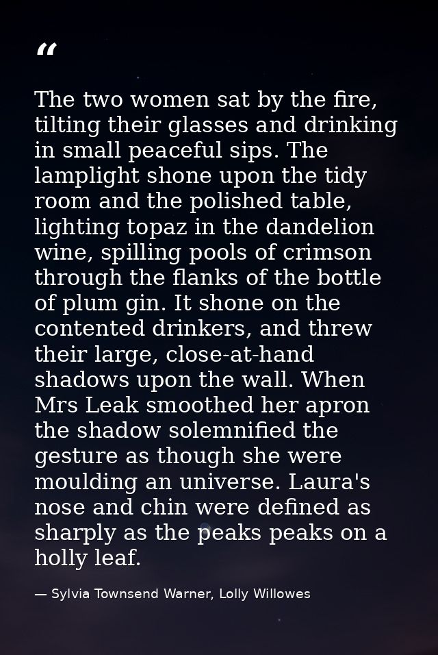 The two women sat by the fire, tilting their glasses and drinking in small peaceful sips. The lamplight shone upon the t — Sylvia Townsend Warner, Lolly Willowes