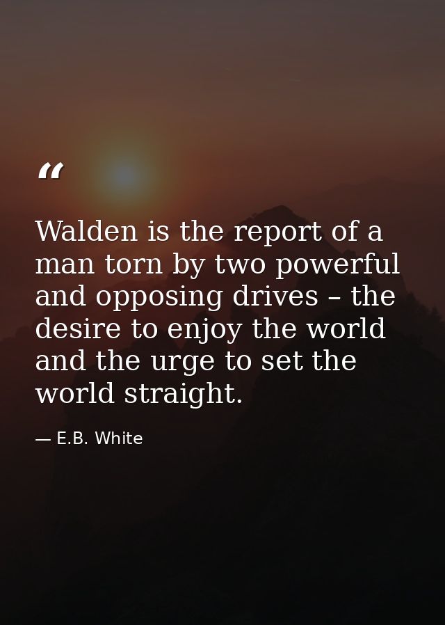 Walden is the report of a man torn by two powerful and opposing drives – the desire to enjoy the world and the urge to s — E.B. White