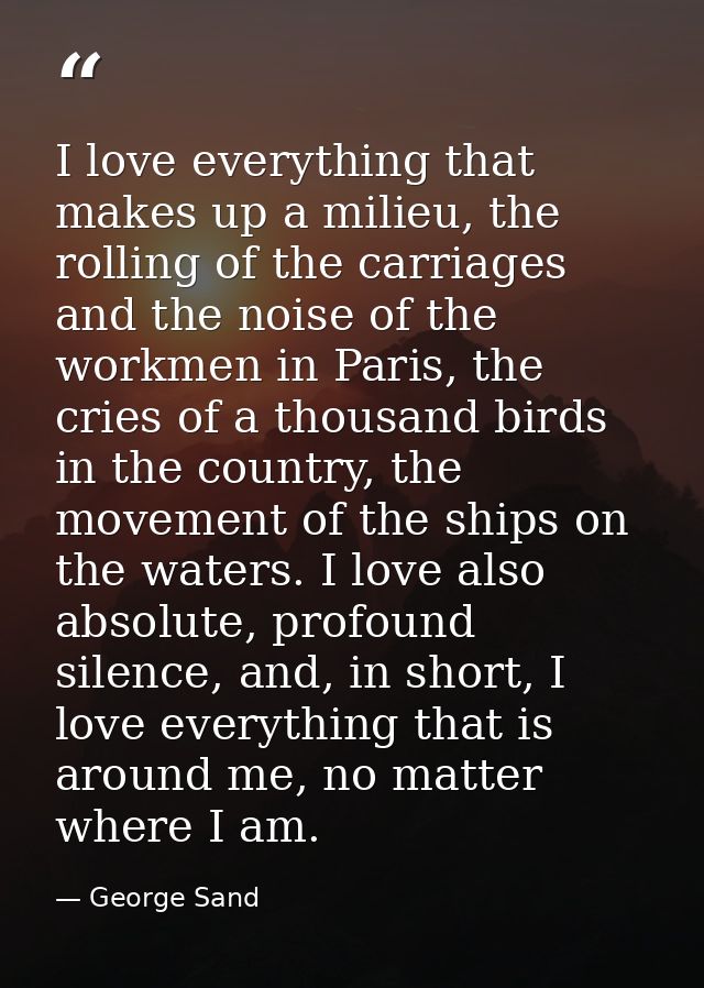 I love everything that makes up a milieu, the rolling of the carriages and the noise of the workmen in Paris, the cries  — George Sand