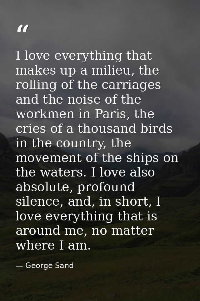I love everything that makes up a milieu, the rolling of the carriages and the noise of the workmen in Paris, the cries  — George Sand