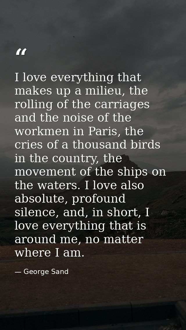 I love everything that makes up a milieu, the rolling of the carriages and the noise of the workmen in Paris, the cries  — George Sand