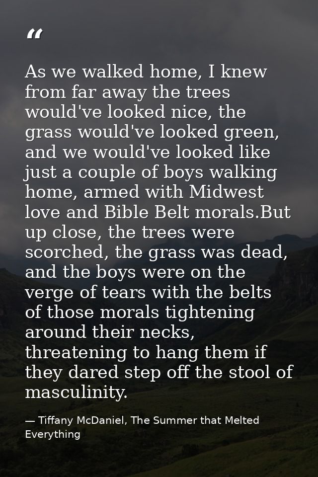 As we walked home, I knew from far away the trees would've looked nice, the grass would've looked green, and we would've — Tiffany McDaniel, The Summer that Melted Everything