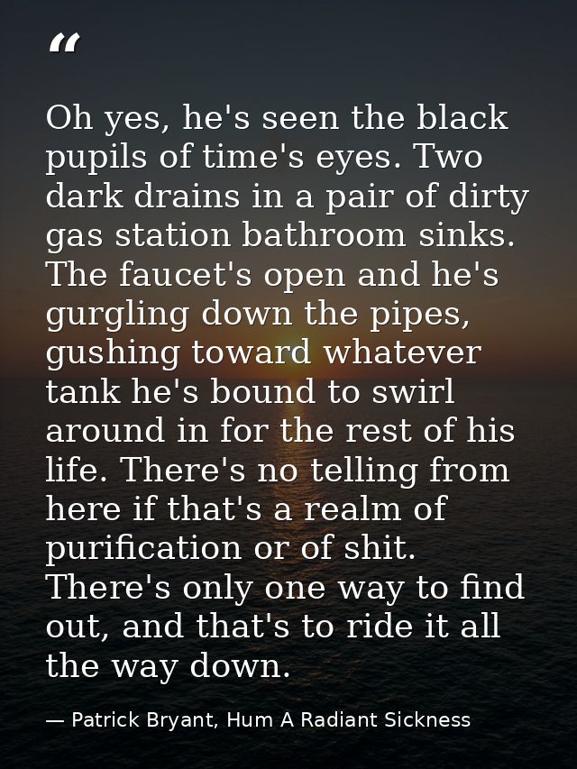 Oh yes, he's seen the black pupils of time's eyes. Two dark drains in a pair of dirty gas station bathroom sinks. The fa — Patrick Bryant, Hum A Radiant Sickness