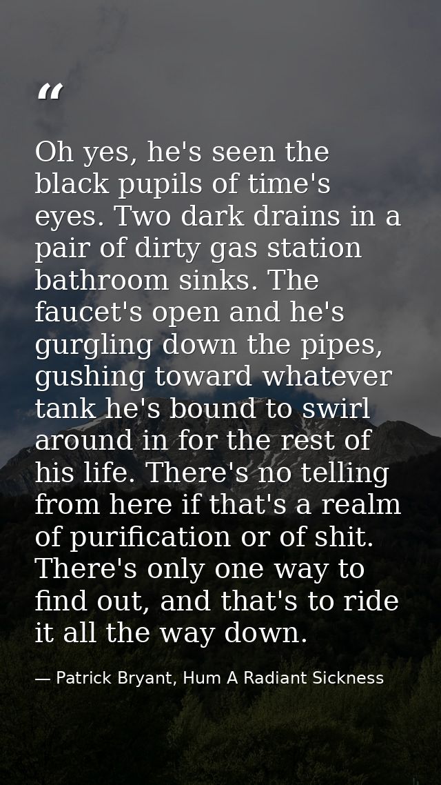 Oh yes, he's seen the black pupils of time's eyes. Two dark drains in a pair of dirty gas station bathroom sinks. The fa — Patrick Bryant, Hum A Radiant Sickness