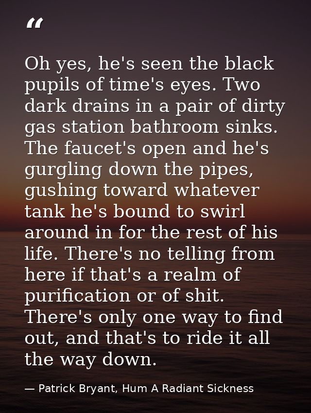 Oh yes, he's seen the black pupils of time's eyes. Two dark drains in a pair of dirty gas station bathroom sinks. The fa — Patrick Bryant, Hum A Radiant Sickness