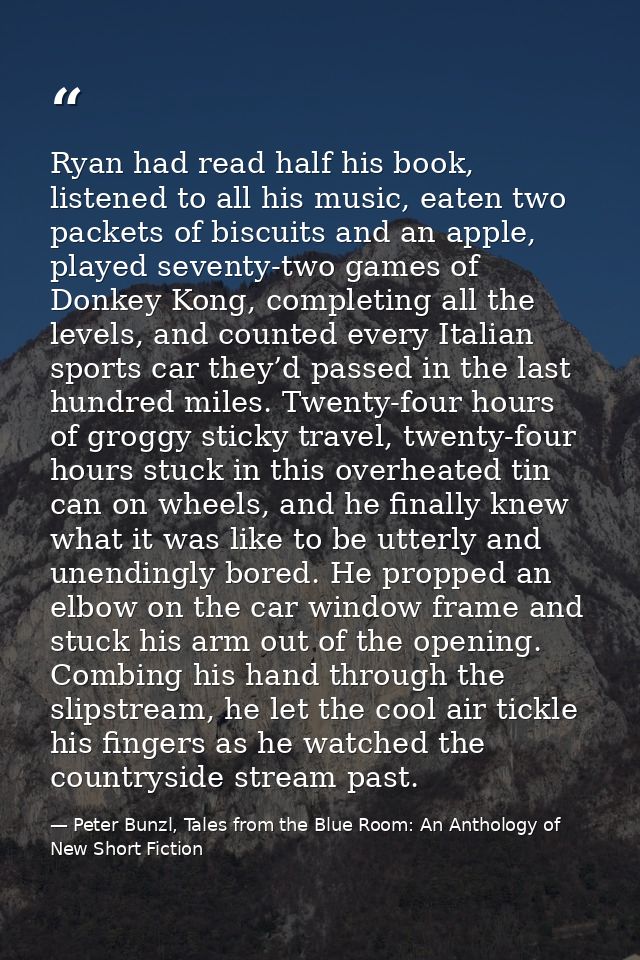 Ryan had read half his book, listened to all his music, eaten two packets of biscuits and an apple, played seventy-two g — Peter Bunzl, Tales from the Blue Room: An Anthology of New Short Fiction