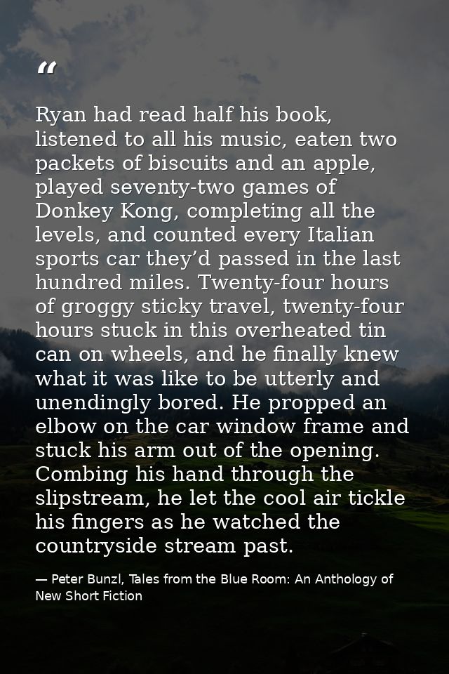Ryan had read half his book, listened to all his music, eaten two packets of biscuits and an apple, played seventy-two g — Peter Bunzl, Tales from the Blue Room: An Anthology of New Short Fiction