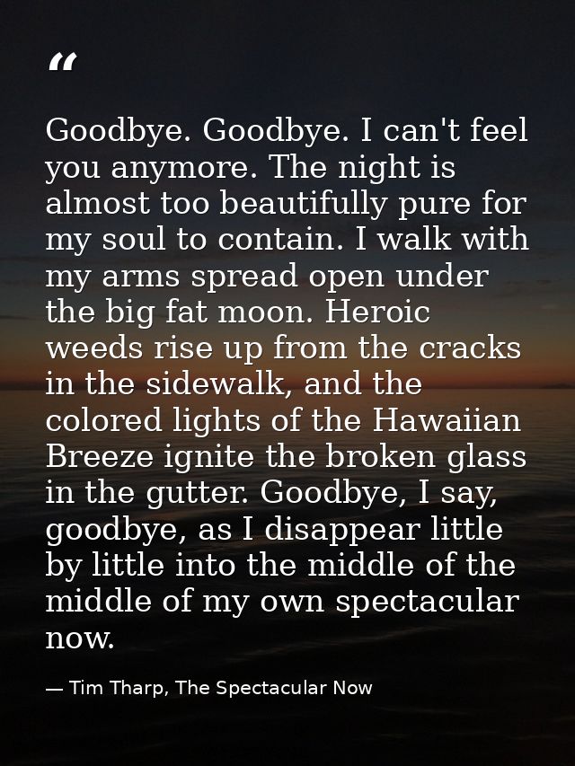 Goodbye. Goodbye. I can't feel you anymore. The night is almost too beautifully pure for my soul to contain. I walk with — Tim Tharp, The Spectacular Now