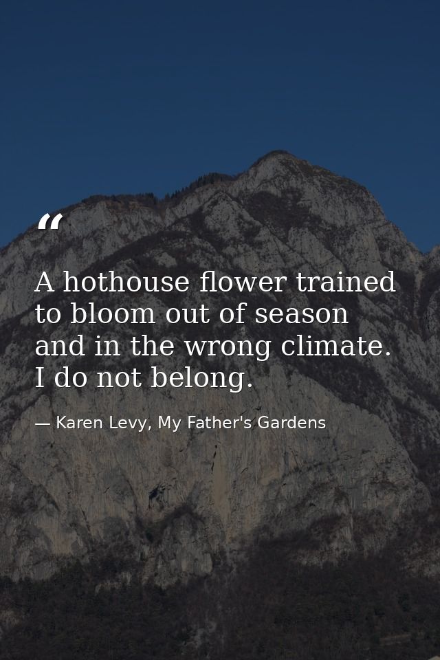 A hothouse flower trained to bloom out of season and in the wrong climate. I do not belong. — Karen Levy, My Father's Gardens