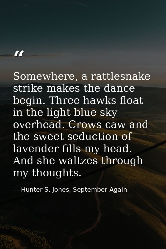 Somewhere, a rattlesnake strike makes the dance begin. Three hawks float in the light blue sky overhead. Crows caw and t — Hunter S. Jones, September Again