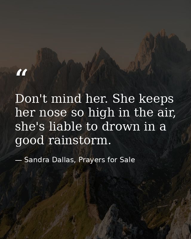 Don't mind her. She keeps her nose so high in the air, she's liable to drown in a good rainstorm. — Sandra Dallas, Prayers for Sale