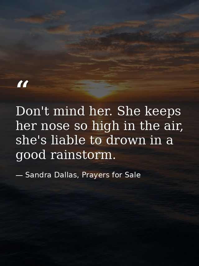 Don't mind her. She keeps her nose so high in the air, she's liable to drown in a good rainstorm. — Sandra Dallas, Prayers for Sale