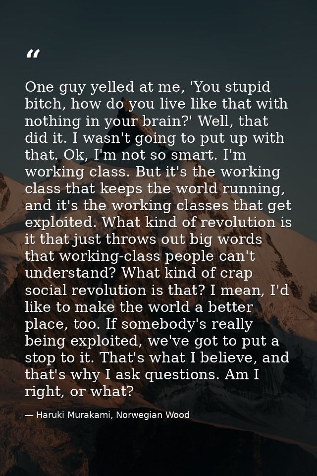 One guy yelled at me, 'You stupid bitch, how do you live like that with nothing in your brain?' Well, that did it. I was — Haruki Murakami, Norwegian Wood