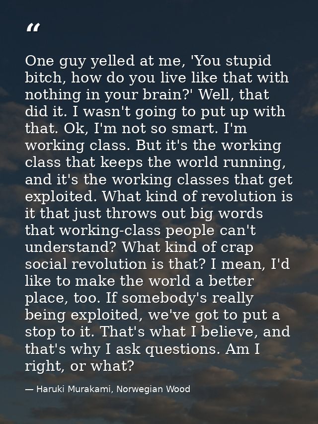 One guy yelled at me, 'You stupid bitch, how do you live like that with nothing in your brain?' Well, that did it. I was — Haruki Murakami, Norwegian Wood